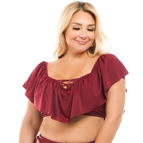 Plus Burgundy Ruffled Top Lattice Swimsuit - Picture 2 of 5